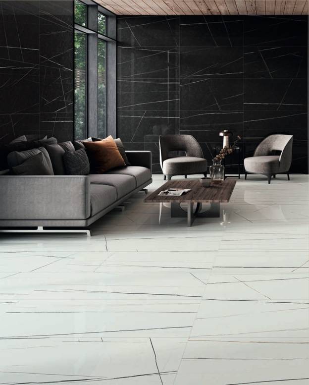 Carrelage effet marbre noir, blanc, avec veinage doré et blanc grés cérame rectifié disponible en 60x120 finition brillant gamme Symphony de chez Eos carrelage à Martigues