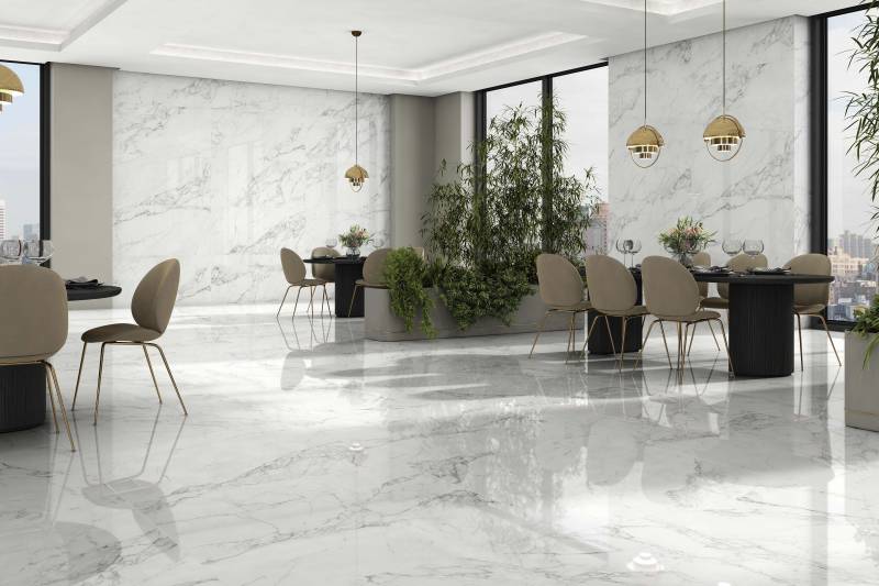 carrelage blanc marbré sabine avec de nombreuse veines le muy